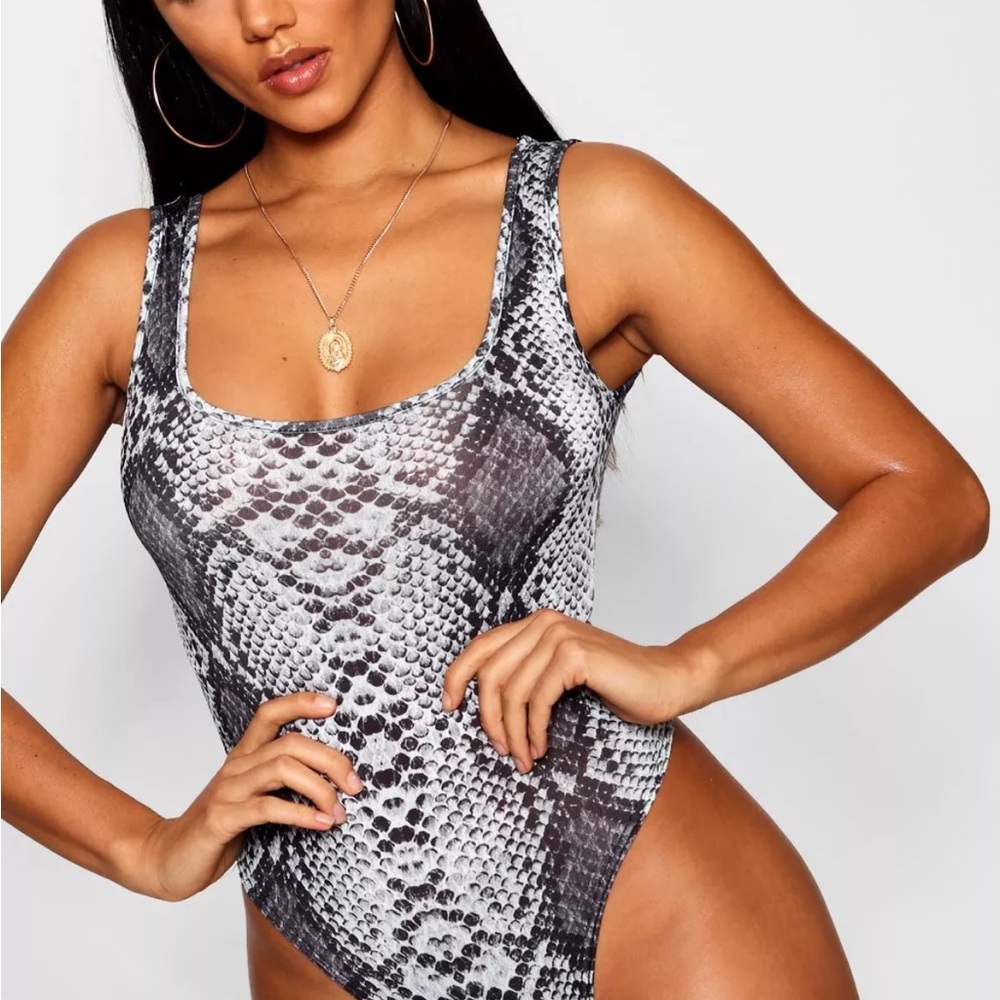 Boohoo Brown Snakeskin Print Bodysuit